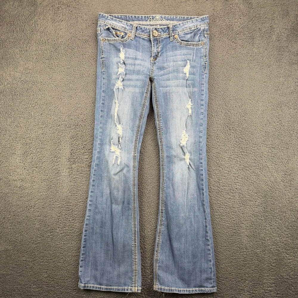Premiere Women Blue Distressed Embellished Bootcut Jeans Size 7/8 Y2K McBling